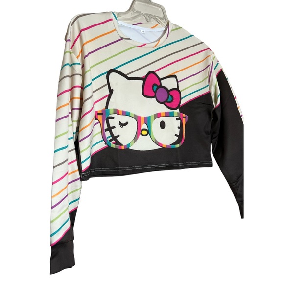 ❌SOLD❌Hello Kitty wearing glasses black ivory stripe long sleeve crop top medium - Picture 2 of 7